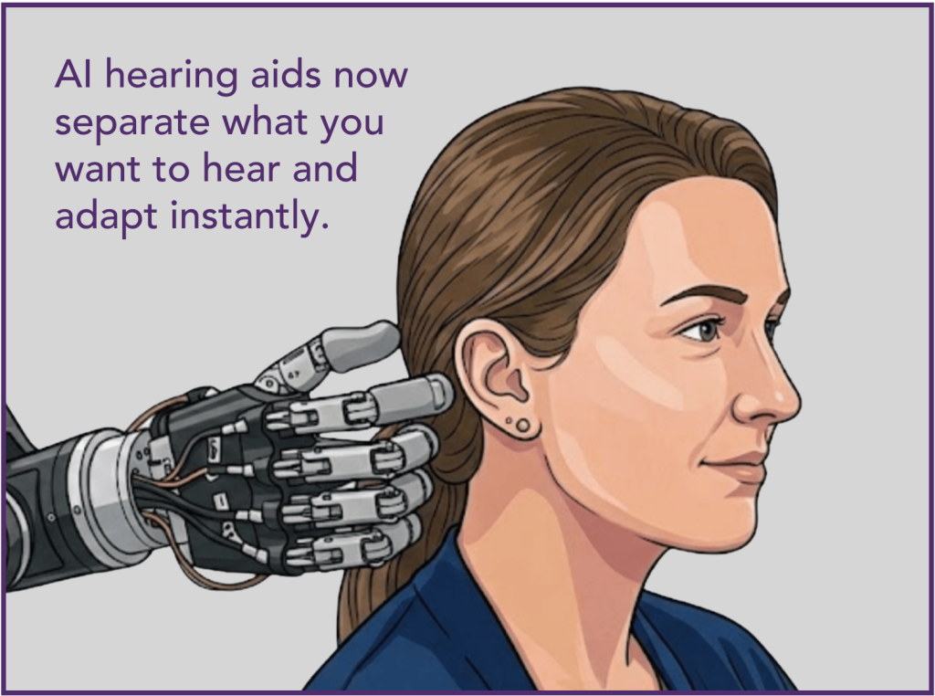 Illustration of an AI robotic hand fitting a hearing aid on a woman, representing artificial intelligence in hearing aid technology