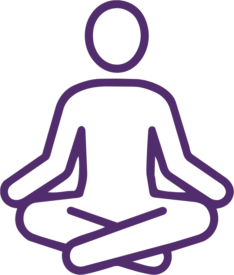 Purple line-art icon of a person sitting cross-legged in meditation with hands resting on knees