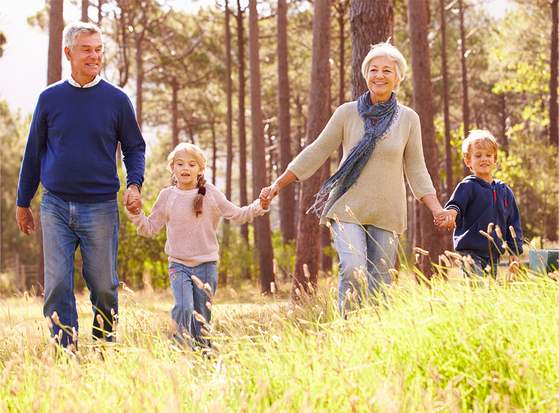 An elderly couple and two children walk hand‑in‑hand through a sunlit grassy park with trees in the background.