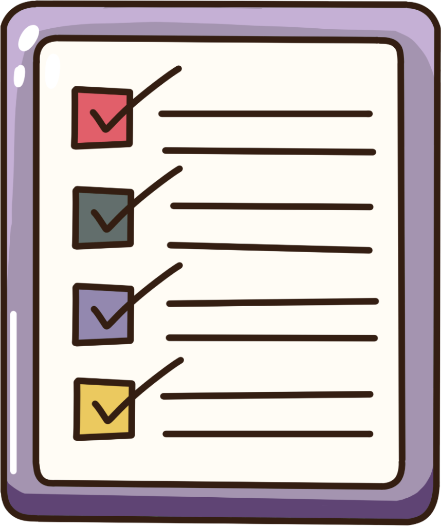 Clipboard with a purple border showing four checked boxes in red, teal, purple, and yellow with lines of text next to each item