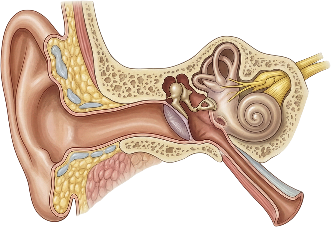 Cross-section of the human ear showing outer ear to inner ear structures: ear canal, eardrum, middle ear with ossicles, cochlea, and auditory nerve.
