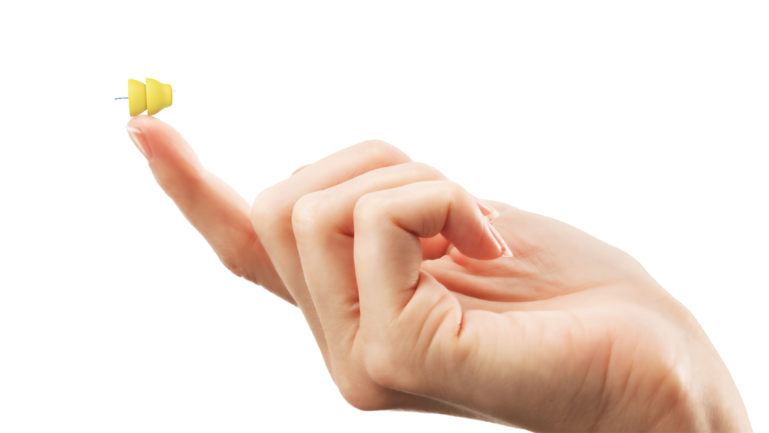 Index finger pointing with a small yellow forward icon near the fingertip, suggesting a tap action